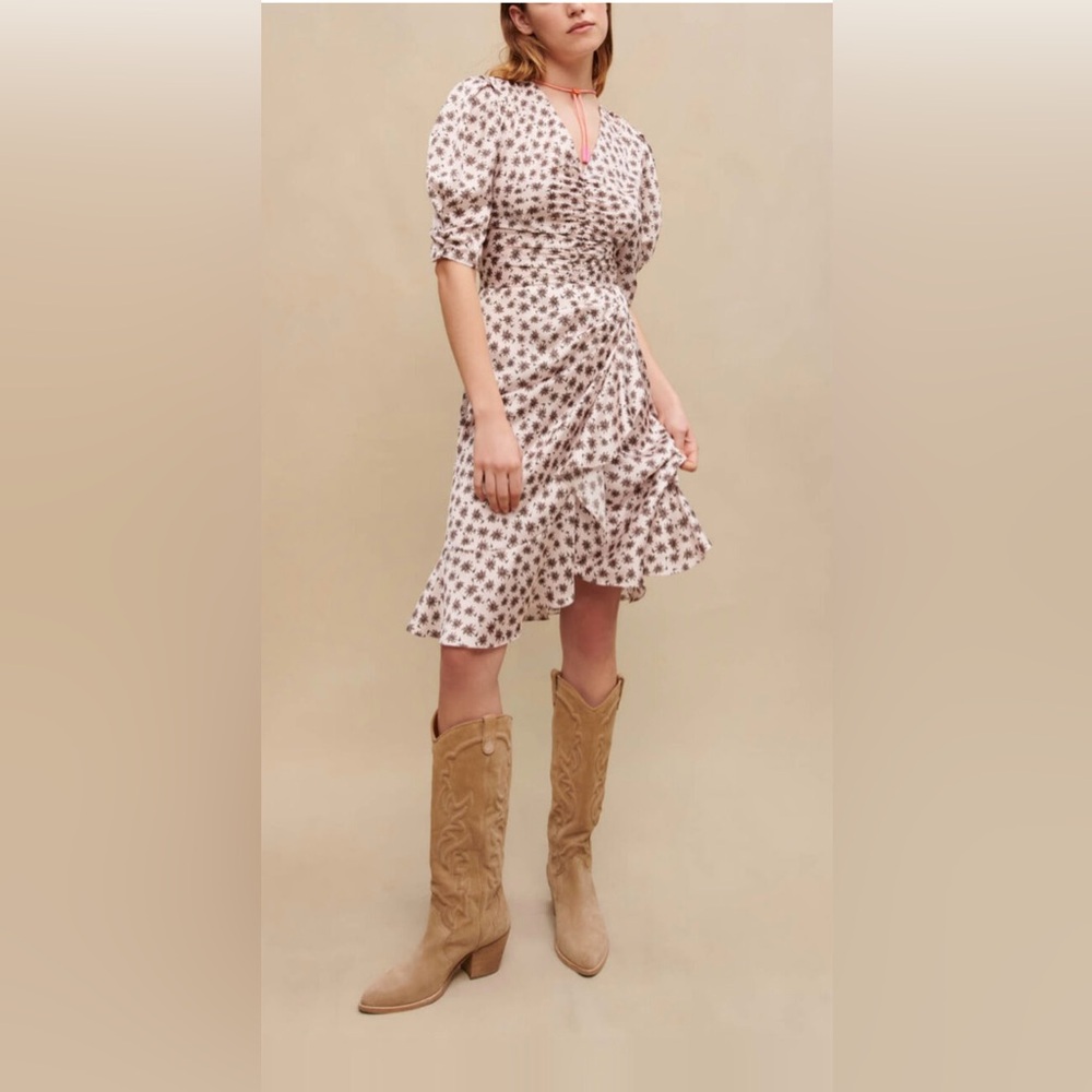 Maje Pink Puff Sleeve Wrap Midi Dress